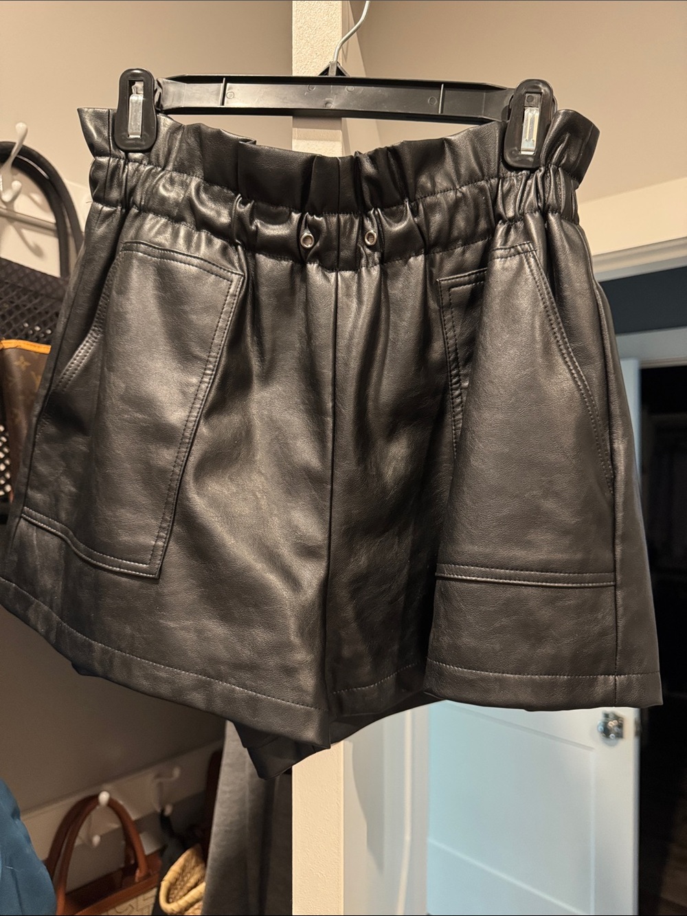 Women's Black Faux Leather Elastic-Waist Shorts